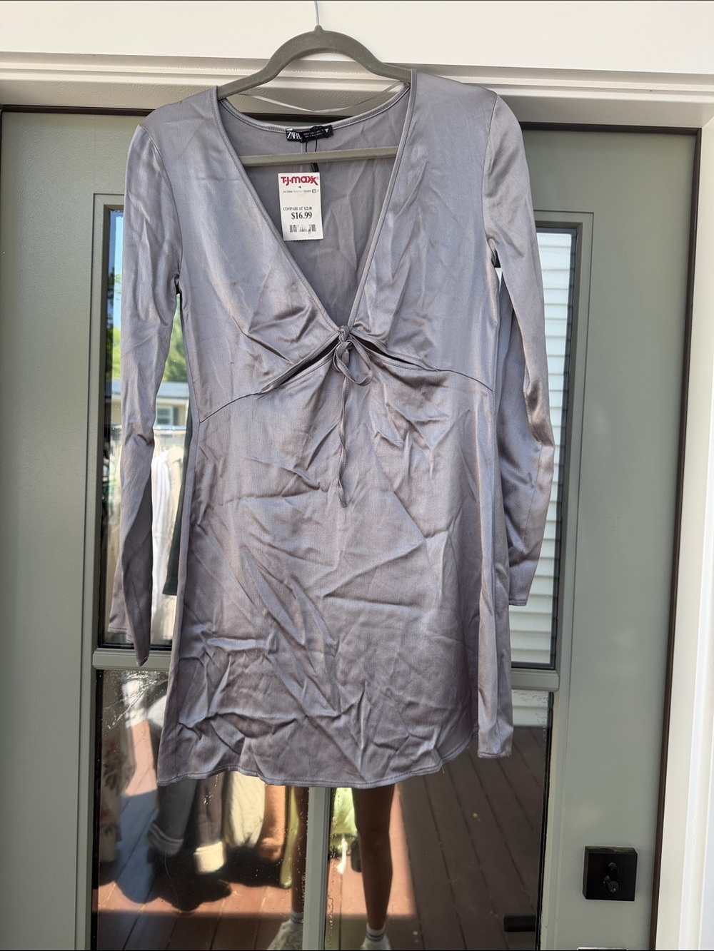 Zara Silver-Gray Long Sleeve Knot-Front Mini Dress